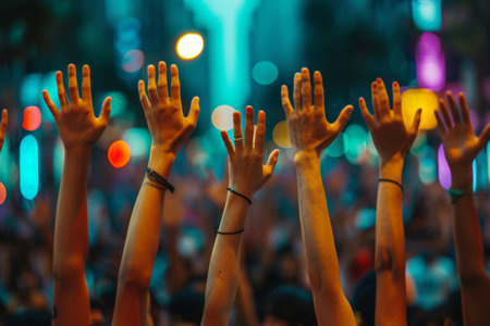 Crowd of enthusiastic music festival attendees with raised hands enjoying outdoor performance on a sunny dayの素材