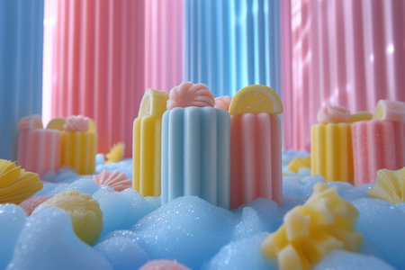 Colorful candies on table under blue sky with pink clouds, vibrant and sweet dessert treats in cozy settingの素材