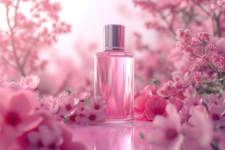 The Elegant Beauty: A Feminine Perfume Bottle with Pink Floral Aromas on a White Backgroundの素材