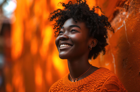 Happy African Woman: Portrait of a Young, Attractive and Stylish Black Lady with Curly Hair, Laughing and Looking Confident, against Green Wall in Modern Cityの素材