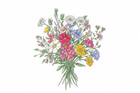 Handdrawn colorful bouquet of flowers with the words bouquet of flowers on a white backgroundの素材