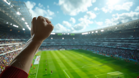 Hand raised in excitement in front of vibrant soccer stadium on a sunny dayの素材