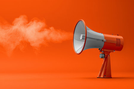 Red megaphone emitting smoke on orange background with copy space Dynamic communication concept for advertising and promotionの素材