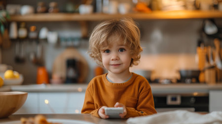 Young boy sitting at kitchen table with cell phone in hand, engrossed in digital worldの素材