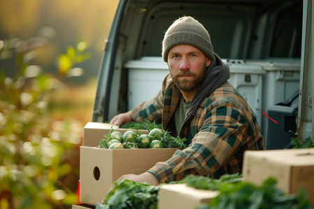 Man sitting in van surrounded by boxes of fresh vegetables, transportation and delivery of farm fresh produce conceptの素材