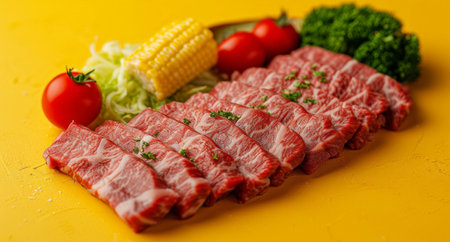 Delicious sliced beef served with vegetables and corn on a vibrant yellow plate against a yellow backgroundの素材