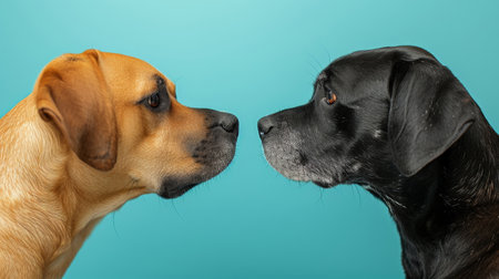 Two dogs of different colors looking at each other in a playful and curious mannerの素材