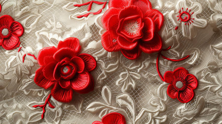 Red and white flowers on delicate lace fabric background in closeup viewの素材