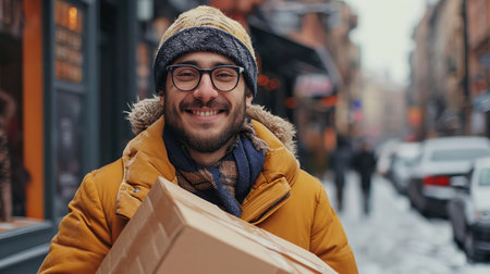 Happy, Confident Caucasian Male Courier with Beard Holding Package in Modern City Streetの素材