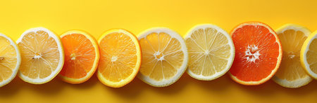 Colorful Citrus Delights: Fresh, Juicy, and Healthy Oranges, Lemons, and Limes on a Bright yellow Backgroundの素材