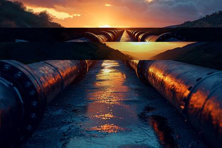 Industrial Pipeline: A Metal Conduit of Energy and Power amidst Natures Green Background.の素材