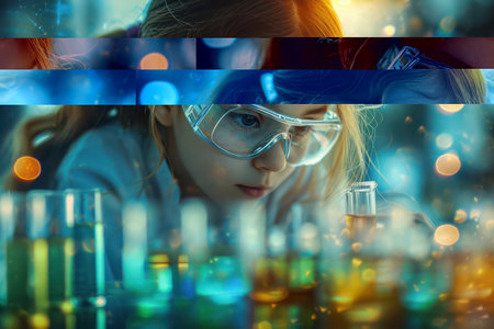 Scientist in Laboratory Conducting Biochemical Analysis: A Beautiful Young Woman in a White Lab Coat Analyzing Chemicals through a Microscopeの素材