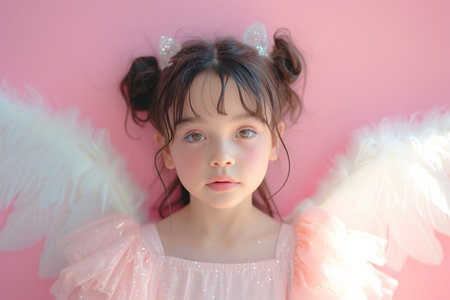 Innocent Angelic Girl in Pink Dress with White Wings, Gazing at Camera with Pure Eyesの素材