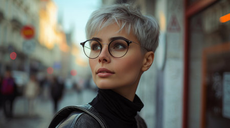Stylish woman with glasses and black sweater standing on city street looking off to sideの素材