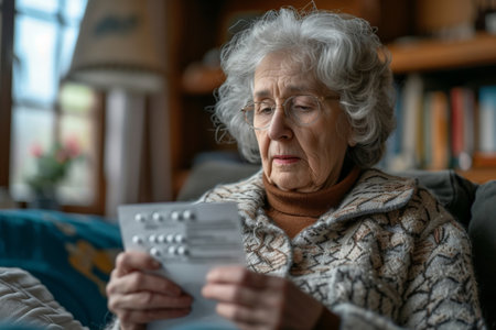 Elderly woman sitting on couch examining prescription pills on paper in living room settingの素材