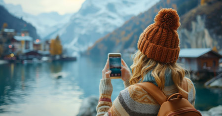 Scenic landscape with woman using smartphone by lake with majestic mountains in backgroundの素材