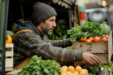Man holding crate of vegetables in front of truck at farmers market on a sunny dayの素材