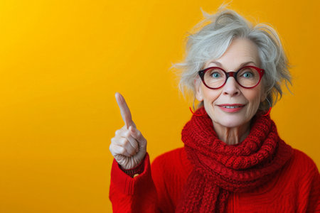Senior woman pointing at something while wearing glasses and a red sweater on a yellow backgroundの素材