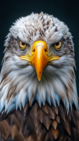 Closeup of majestic eagles fierce face with vibrant yellow beak against dark backgroundの素材