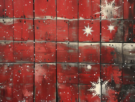 Festive Red and White Wall Decorated with Snowflakes and Stars for Christmas Celebration Backgroundの素材