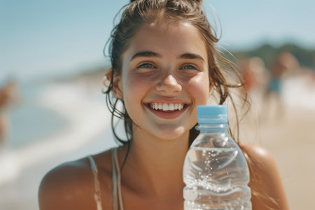 Thirsty Summer: Happy woman holding a water bottle, enjoying the refreshment in the hot outdoors while jogging on a beautiful beach.の素材