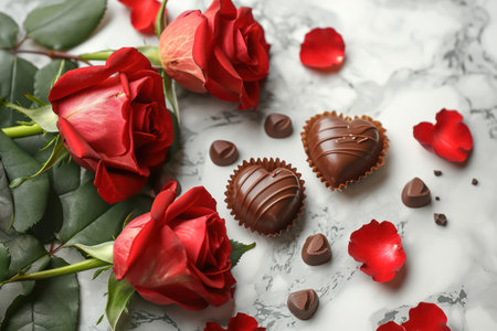 Romantic Valentines Day Gift: A Beautiful Chocolate Bouquet with Red Roses, Sweet Candy, and Delicious Truffles on a White Background.の素材