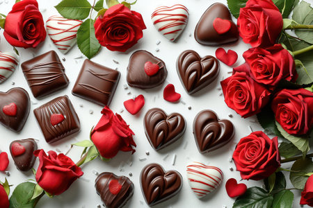 Romantic Love: Red Heart Valentines Gift on Wooden Background with Sweet Chocolate Bouquetの素材
