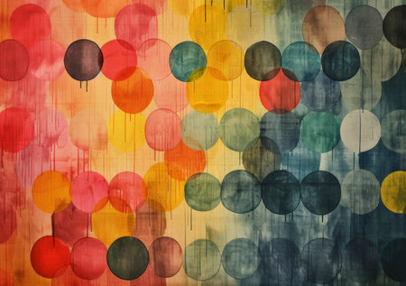Vibrant Abstract Composition with Colorful Circles on Red, Yellow, Green and Blue Backgroundの素材