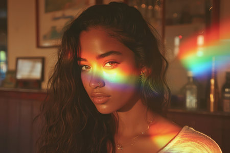 Glamorous Beauty: A Stylish Fashion Portrait of a Young Attractive Female Model with Gorgeous Blue Eyes, Elegant Red Lips, and Trendy Brunette Hair, on a Neon-lit Bright Background.の素材