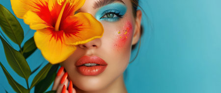 Radiant Beauty: A Close-Up Portrait of a Young Caucasian Woman with Fashionable Makeup, Bright Eyebrows, and Luscious Pink Lips, showcasing her Glamorous Style and Attractive Personality among Floral Spring Flowers.の素材