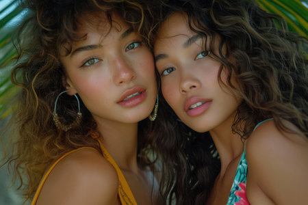 Beauty of Friendship: Pretty, Young Women Embracing Love and Bonding in a Casual, Sensual Portrait on a Luxurious White Backgroundの素材