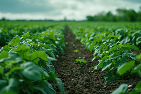 Green Agricultural Field: A Serene Crop Cultivation, Embracing Organic Growth and Healthy Fresh Food, Basking in Sunlight on a Sunny Summer Day, with a Pristine Rural Landscape as the Backgroundの素材