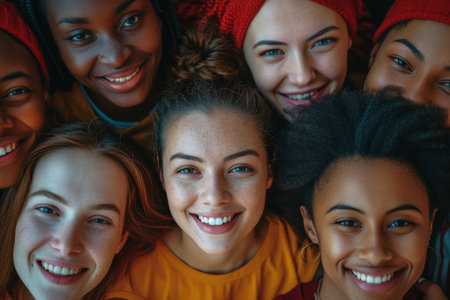 Happy young women friends looking at the camera and smiling in a group portraitの素材