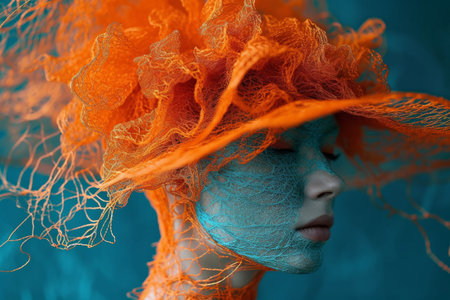 Stylish woman wearing a vibrant orange hat with blue netting gracefully perched atop her headの素材