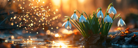 Fresh Blooming Nature: Delicate Snowdrop Blossom in a Green Garden Meadowの素材