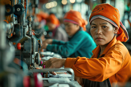 Industrial Manufacturing: Female Workers Seamlessly Stitching Textile Garments in Modern Factoryの素材