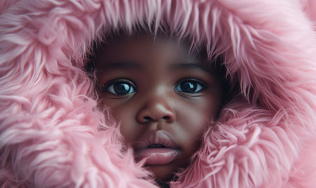 Closeup portrait of a cute baby in a pink fur coat looking directly at the cameraの素材