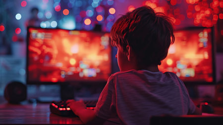 Young boy sitting at table with two monitors and keyboard in front of him, engaging in computer activitiesの素材