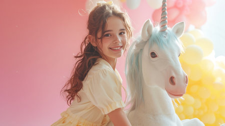 Young girl sitting on unicorn in front of pink and yellow balloons, creating a magical and whimsical sceneの素材