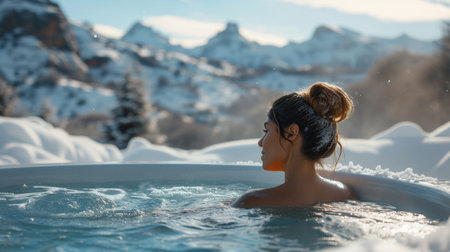 Woman Relaxing in Outdoor Hot Tub with Snow Covered Mountains in Background Winter Wellness Retreat at its Finestの素材