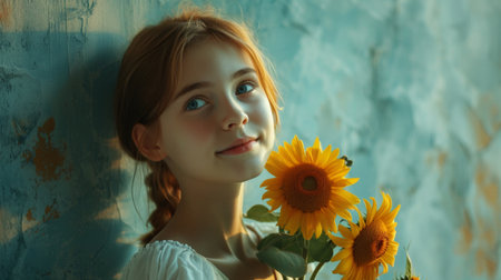 Beautiful young girl holding a bouquet of sunflowers, standing against a vibrant blue backgroundの素材