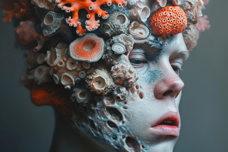 Closeup portrait of a woman with coral and various sea creatures adorning her head in underwater fantasy conceptの素材