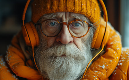 Elderly bearded man in glasses and orange hat listening to music on headphones while looking out windowの素材