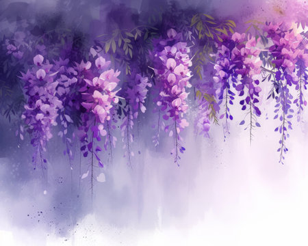 Beautiful watercolor painting of purple wisteria flowers hanging gracefully from tree branches in bloomの素材