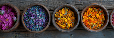 Set of five wooden bowls filled with various types of dried flowers on rustic wooden backgroundの素材