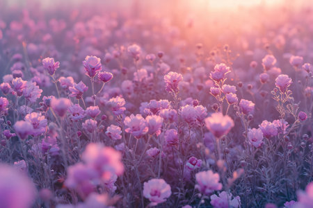 Sunlit Floral Serenity in a Vibrant Meadow: Blooming Wildflowers and Calm Sunrise on a Vintage Autumn Morningの素材