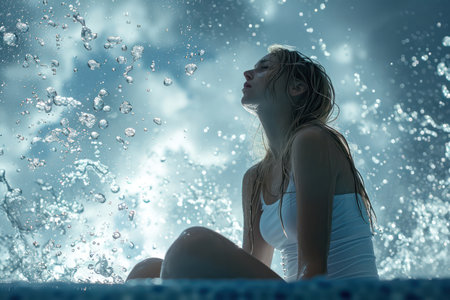 Serenity by the Water: A Young Womans Refreshing Beauty amidst a Tropical Showerの素材
