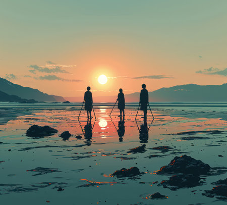 Sunset Bliss: A Serene Beach Getaway with Happy People Enjoying Vacation and Natures Beautyの素材