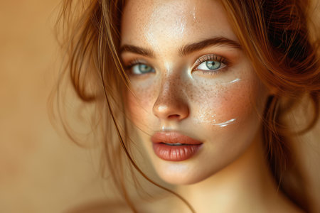 Radiant Beauty: A Close-up Portrait of a Young Caucasian Woman with Perfect Skin and Attractive Freckles, Embodying Freshness and Natural Glamour on a White Background.の素材