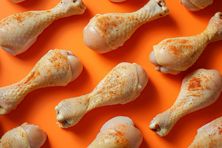 Delicious chicken drumsticks arranged on orange background with assorted spices seasoning on topの素材